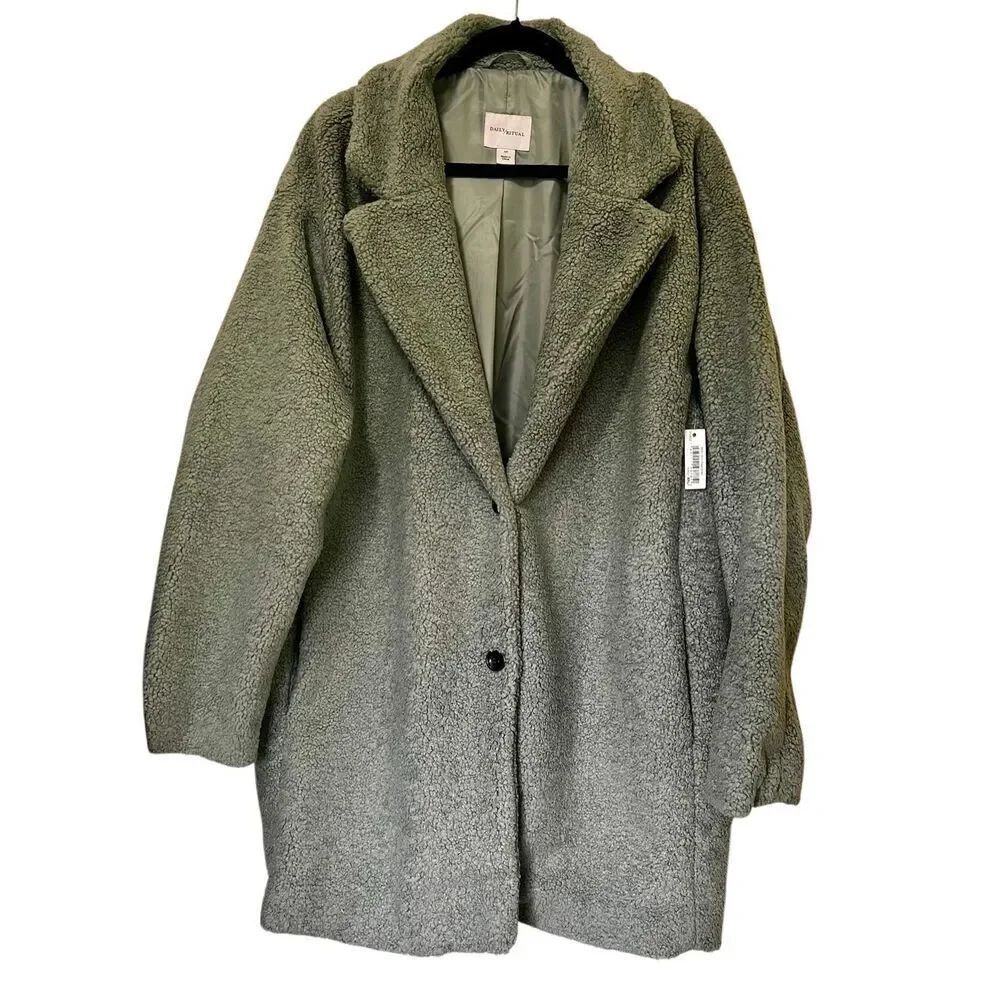 NEW Daily Ritual Teddy Bear Coat Women's Size XXL Sage Green Oversized Cozy Fit
